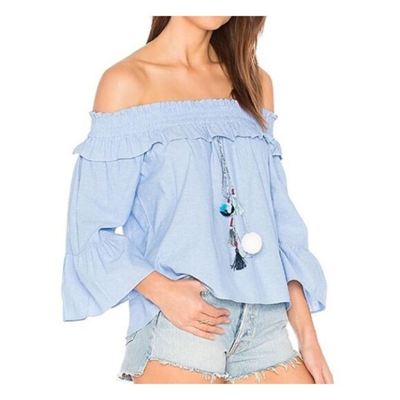 Misa Alma blue ruffle Off the shoulder tassel half sleeve blouse womens xs - Picture 8 of 8